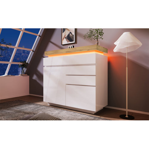 Chest Of Drawers, High-gloss Sideboard Cabinet With 2 Doors And 3 Drawers,Storage With RGB LED App-controlled, Multi-purpose Cabinet For Living Room And Bedroom, 115 X 110 X 39 Cm, White