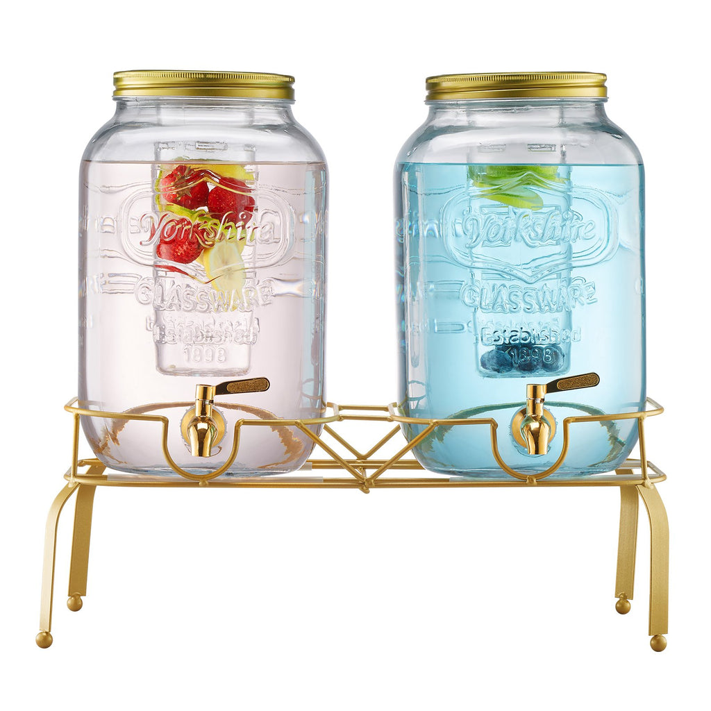 Beverage Dispenser, 2 Pack 8L Drink Dispensers For Parties, Glass Juice Dispenser With Metal Stand, Stainless Steel Spigot, Infuser, Iced Tea Lemonade Juice Water Dispensers For Parties