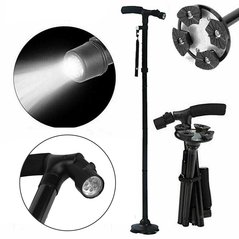 Folding LED Walking Stick Cane With Flashlight For Senior Aluminium Travel Hiking Cane Trekking Pole Crutch Handle Strap 5 Gears