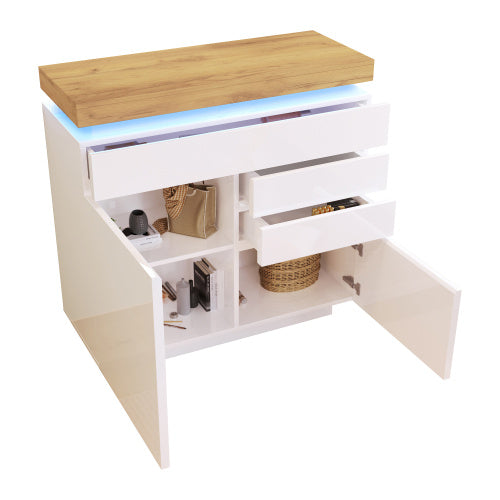 Chest Of Drawers, High-gloss Sideboard Cabinet With 2 Doors And 3 Drawers,Storage With RGB LED App-controlled, Multi-purpose Cabinet For Living Room And Bedroom, 115 X 110 X 39 Cm, White