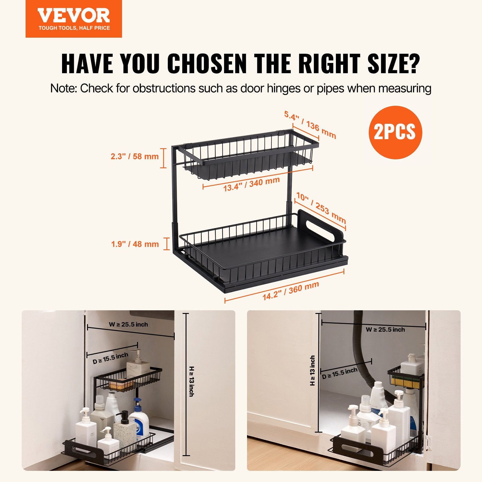 2 Tier Pull Out Cabinet Organizer(10.7"W X 14.2"D ), Under Sink Organizer And Storage, Slide Out Drawer Cabinet Organizer, Wire Basket Shelf, 25.5"Wx15.5"Dx13"H Install Size For Cabinet (2 Pack)