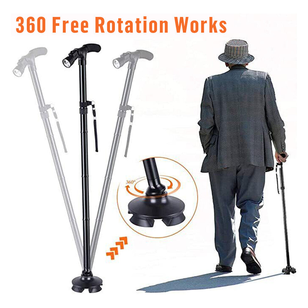 Folding LED Walking Stick Cane With Flashlight For Senior Aluminium Travel Hiking Cane Trekking Pole Crutch Handle Strap 5 Gears
