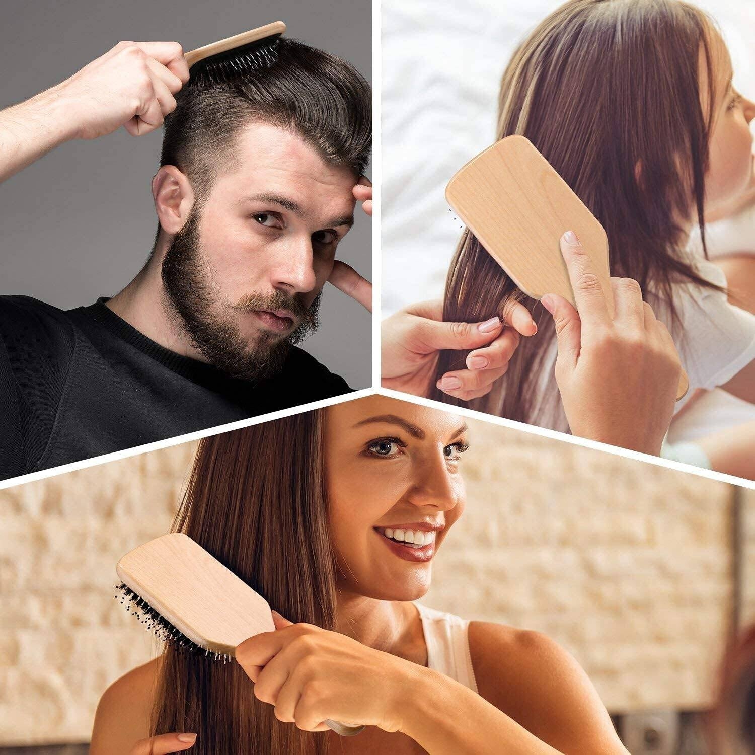 Boar Bristle Hair Brush With Nylon Pins For Smoothing & Detangling Curly Hair Brush For Women & All Hair Types Includes Cleaning Tail Comb Flexible Cushion & Wooden Handle Hairbrushes For Wome