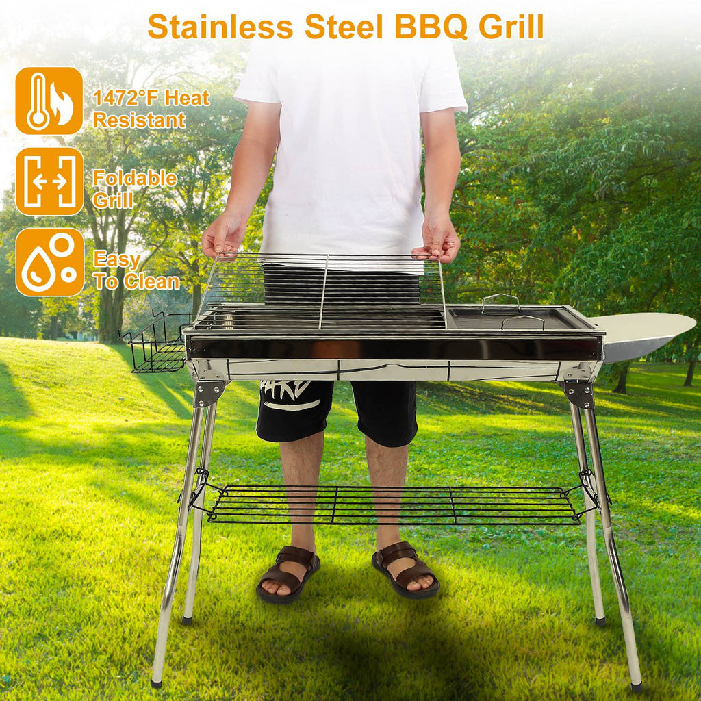 1Pc Foldable BBQ Grill Portable Charcoal Barbeque Grill Stainless Steel BBQ Grill For Picnic Camping Yard Cooking