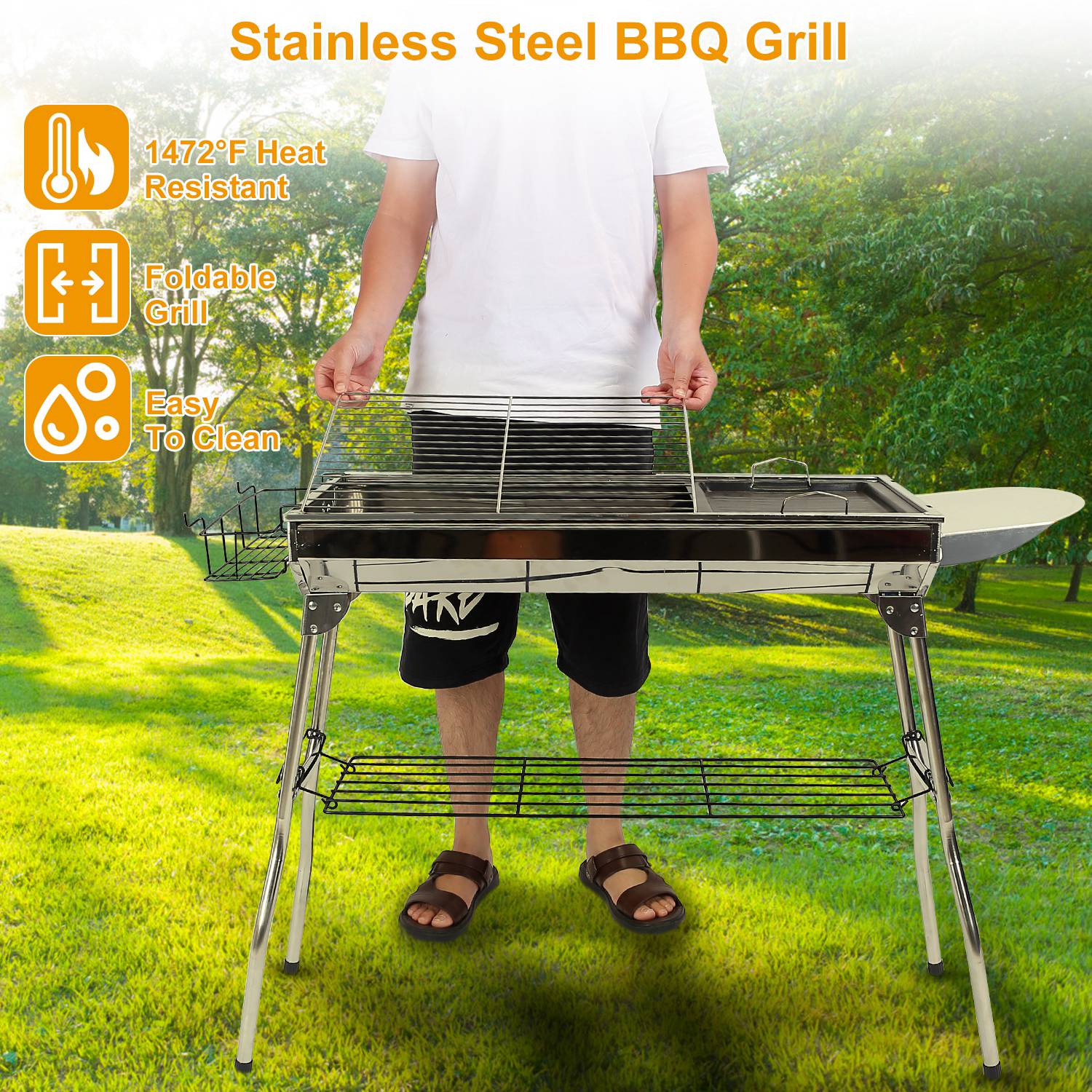 1Pc Foldable BBQ Grill Portable Charcoal Barbeque Grill Stainless Steel BBQ Grill For Picnic Camping Yard Cooking