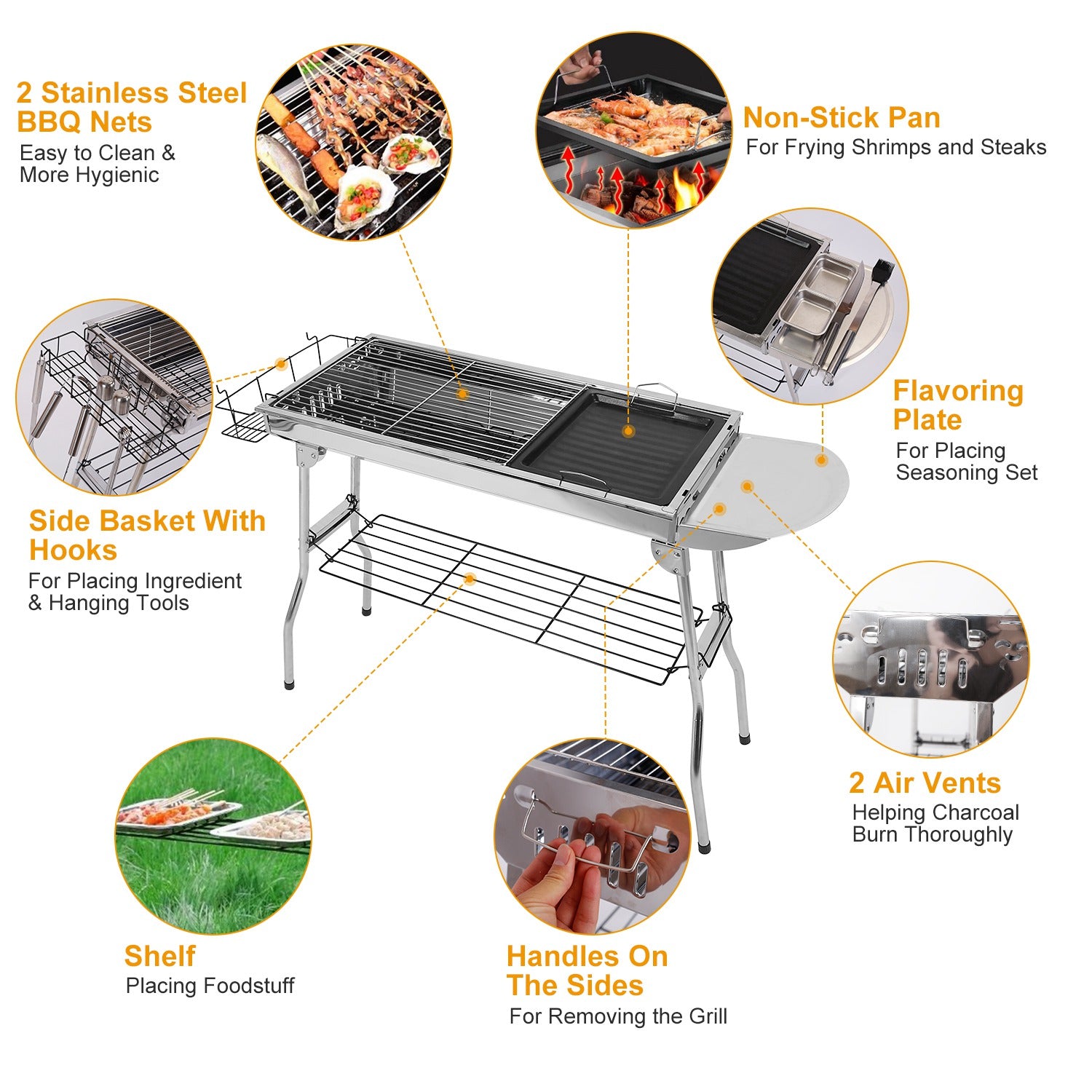 1Pc Foldable BBQ Grill Portable Charcoal Barbeque Grill Stainless Steel BBQ Grill For Picnic Camping Yard Cooking