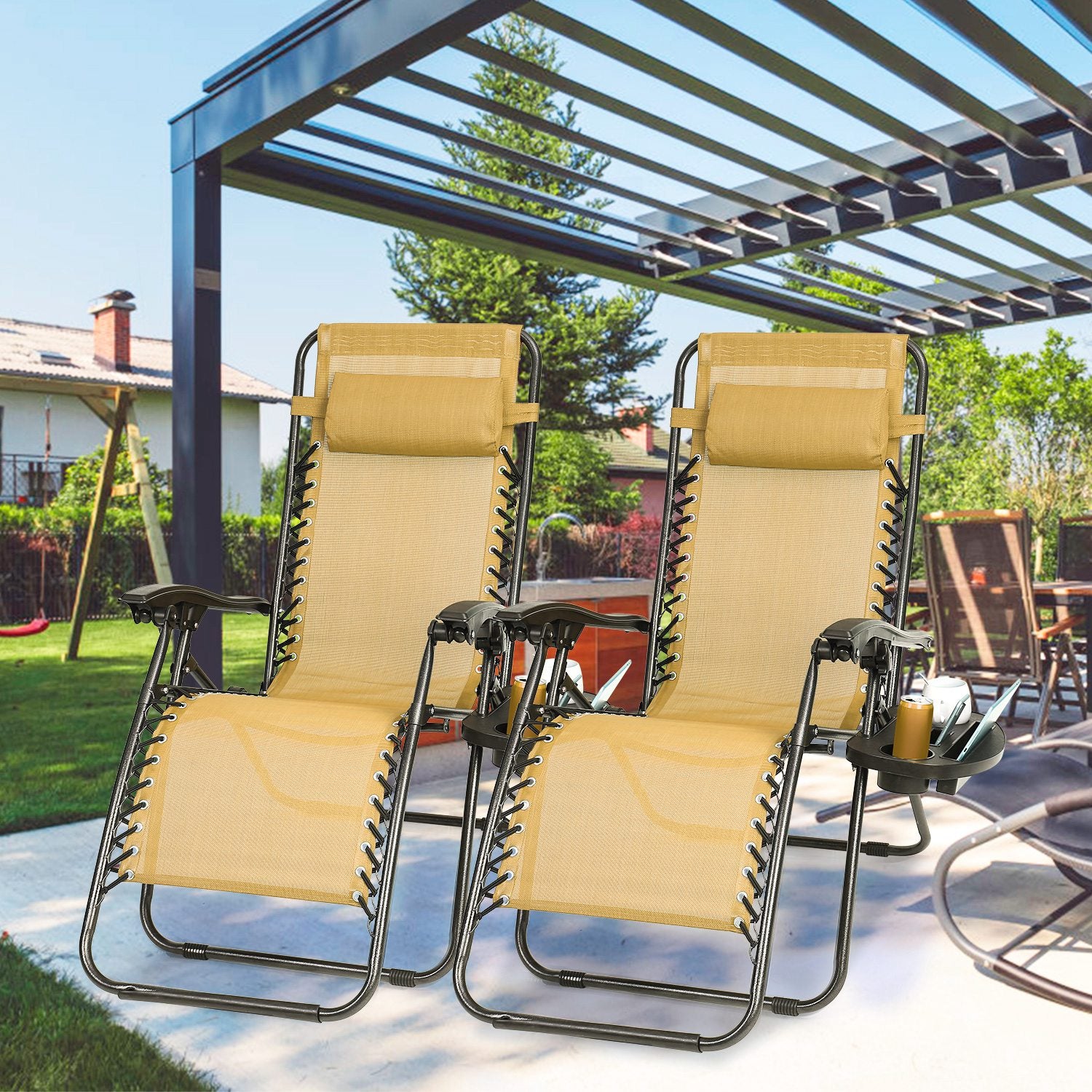 2Packs Zero Gravity Lounge Chair With Dual Side Tray Stress Relief Pillow 330lbs Max Load Per Chair Foldable For Patio Poolside Beach