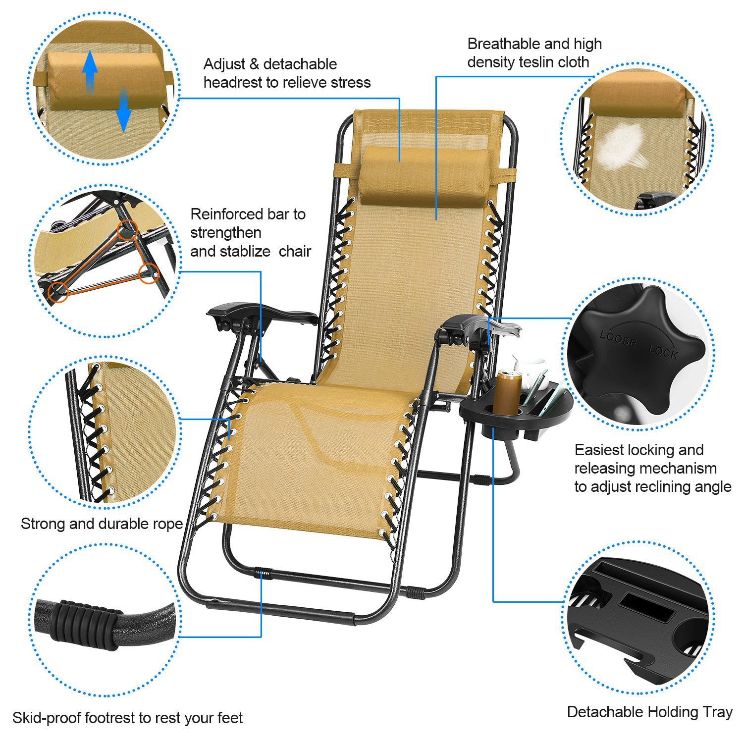 2Packs Zero Gravity Lounge Chair With Dual Side Tray Stress Relief Pillow 330lbs Max Load Per Chair Foldable For Patio Poolside Beach