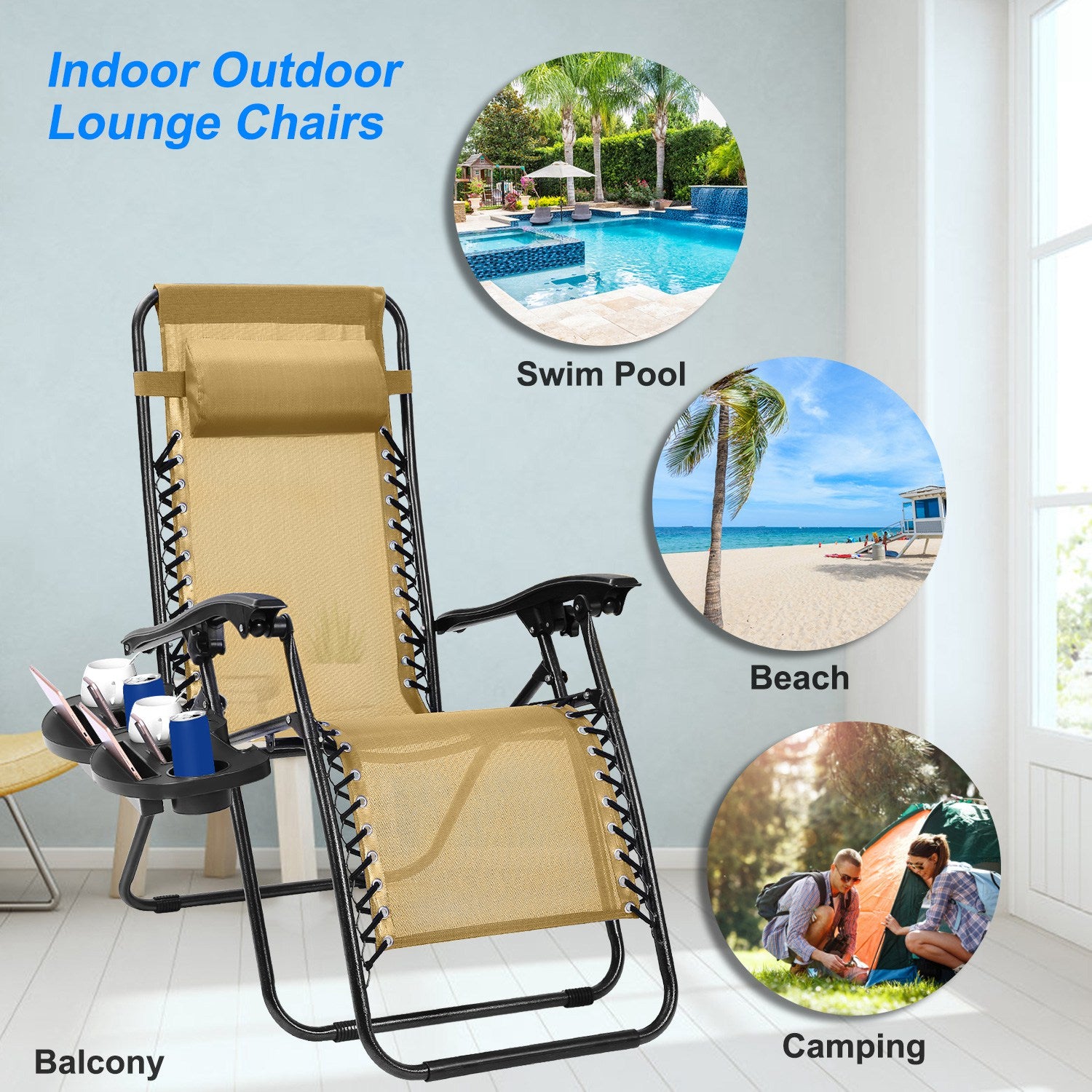 2Packs Zero Gravity Lounge Chair With Dual Side Tray Stress Relief Pillow 330lbs Max Load Per Chair Foldable For Patio Poolside Beach