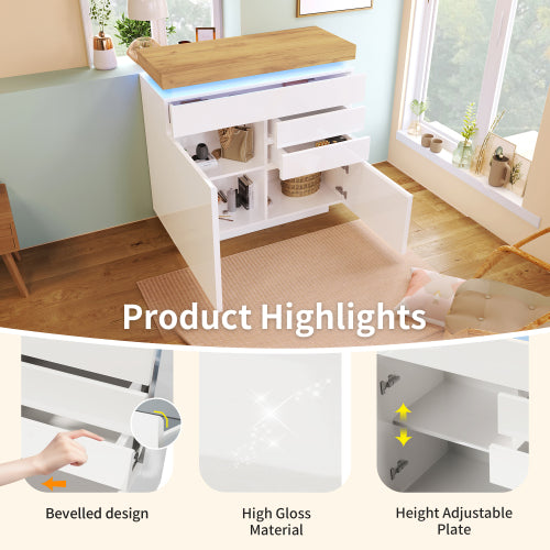 Chest Of Drawers, High-gloss Sideboard Cabinet With 2 Doors And 3 Drawers,Storage With RGB LED App-controlled, Multi-purpose Cabinet For Living Room And Bedroom, 115 X 110 X 39 Cm, White