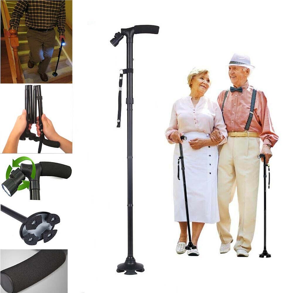 Folding LED Walking Stick Cane With Flashlight For Senior Aluminium Travel Hiking Cane Trekking Pole Crutch Handle Strap 5 Gears
