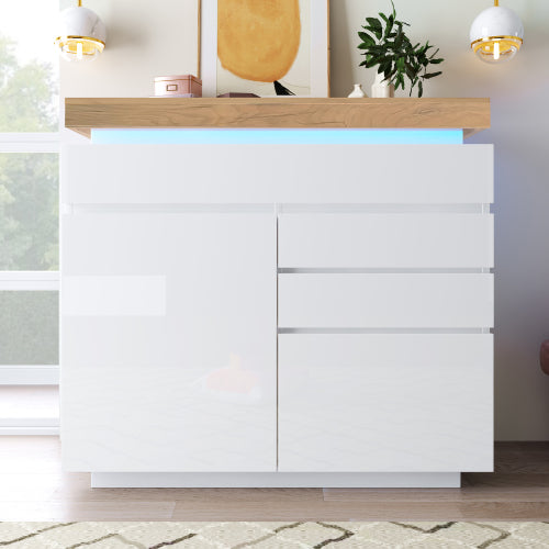 Chest Of Drawers, High-gloss Sideboard Cabinet With 2 Doors And 3 Drawers,Storage With RGB LED App-controlled, Multi-purpose Cabinet For Living Room And Bedroom, 115 X 110 X 39 Cm, White