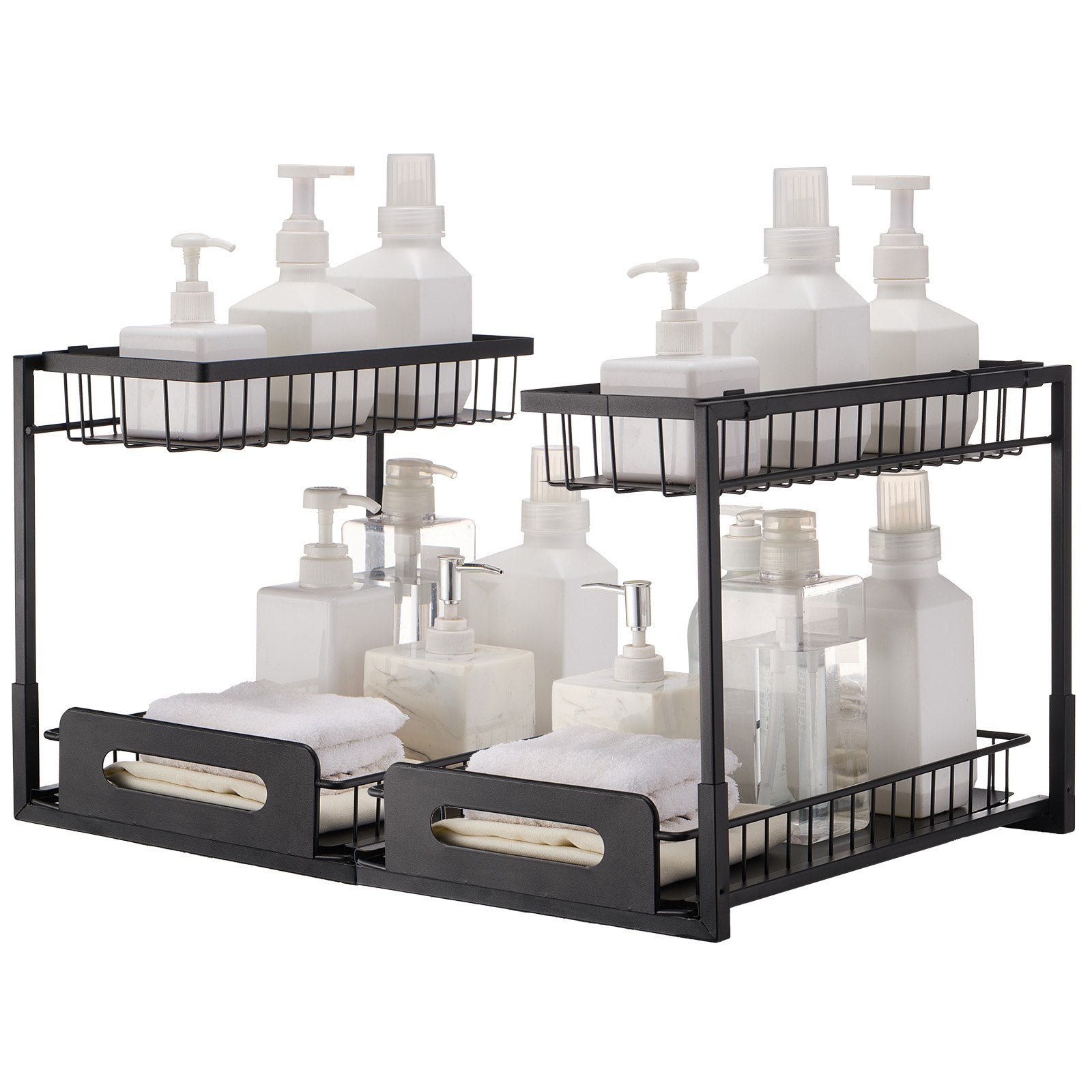 2 Tier Pull Out Cabinet Organizer(10.7"W X 14.2"D ), Under Sink Organizer And Storage, Slide Out Drawer Cabinet Organizer, Wire Basket Shelf, 25.5"Wx15.5"Dx13"H Install Size For Cabinet (2 Pack)