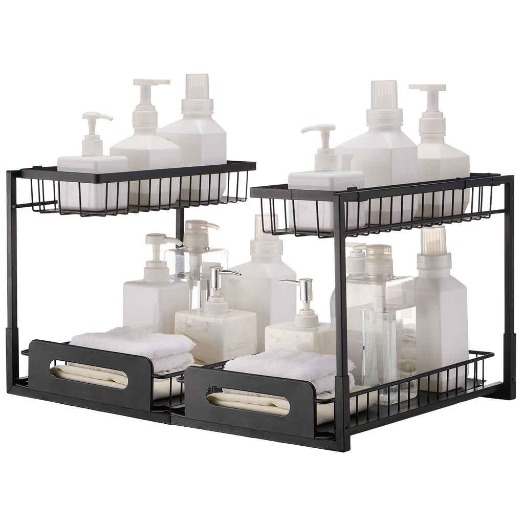 2 Tier Pull Out Cabinet Organizer(10.7"W X 14.2"D ), Under Sink Organizer And Storage, Slide Out Drawer Cabinet Organizer, Wire Basket Shelf, 25.5"Wx15.5"Dx13"H Install Size For Cabinet (2 Pack)
