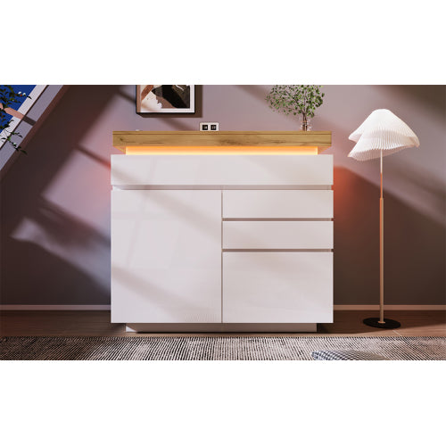 Chest Of Drawers, High-gloss Sideboard Cabinet With 2 Doors And 3 Drawers,Storage With RGB LED App-controlled, Multi-purpose Cabinet For Living Room And Bedroom, 115 X 110 X 39 Cm, White