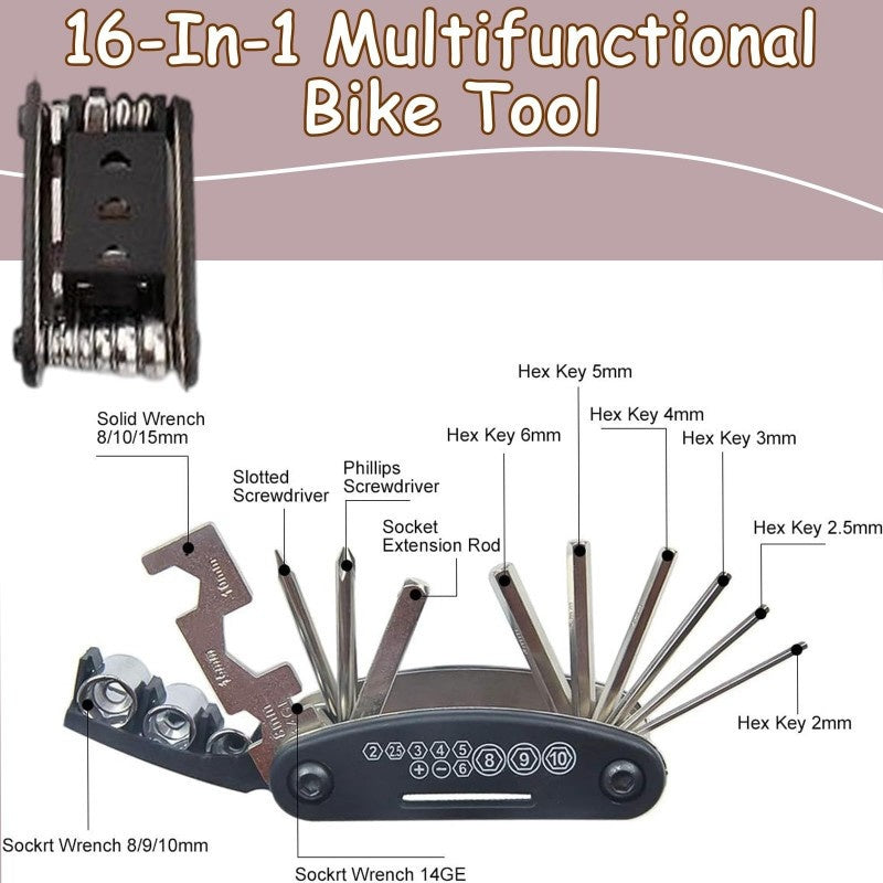 16-in-1 Bike Tool Kit With Tyre Repair & Valve Core Tool, Portable Bike Repair Kit For Road & MTB, Compact Bike Multi Tool Set, Essential Bike Tools Kit Set With Bag, Durable Bike Tool And Bicycle Too