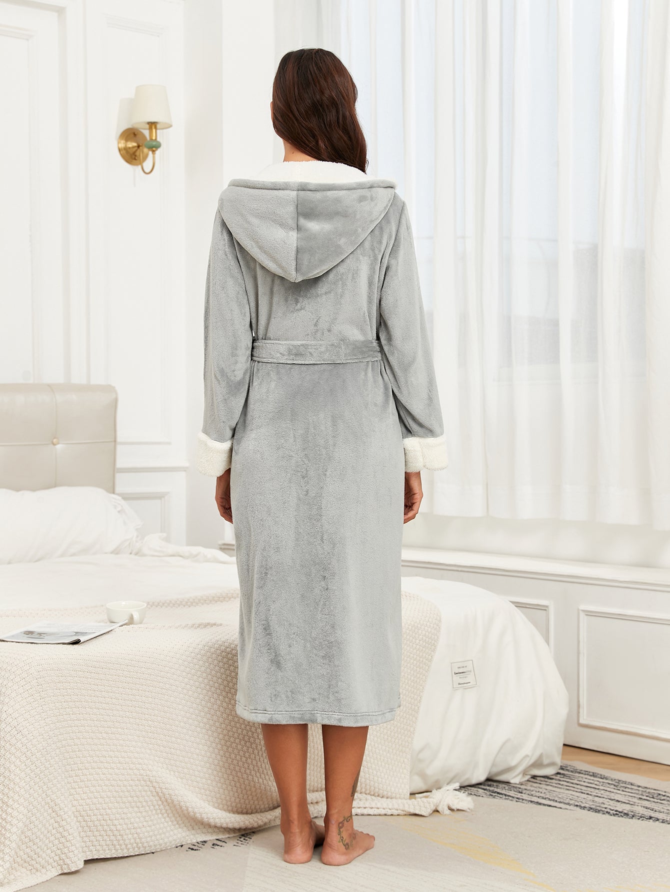 Womens Plush Fleece Hooded Bathrobe, Thick Nightgown Long Robe Sleepwear With Two Side Pockets And Belt