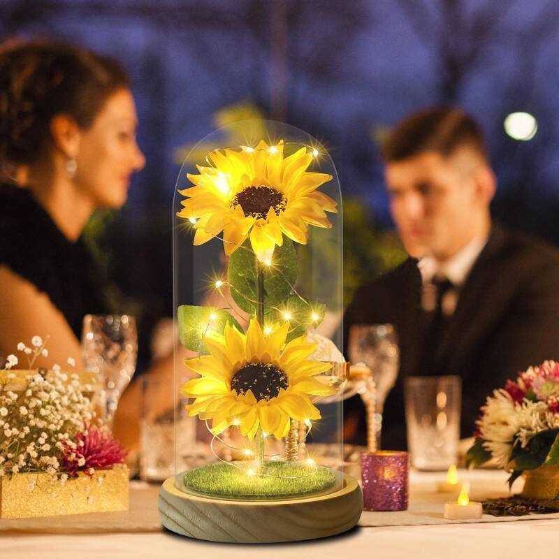 Mothers Day Gifts From Daughter Son, Eternal Sunflowers In Glass Dome With LED Lights & Gift Box, Unique Birthday Gifts For Women, Artificial Flowers Home Decor For Mum, Grandma, Wife - Sunflower Gift