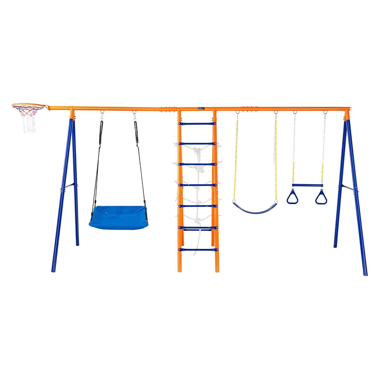 Swing Sets For Backyard, 6 In 1 Swing Set With 2 Swings, Trapeze Bar, Climbing Ladder, Climbing Net, And Basketball Hoop, 440lbs Load Capacity Heavy-Duty Metal Swingset Outdoor For Kids Ages 3+