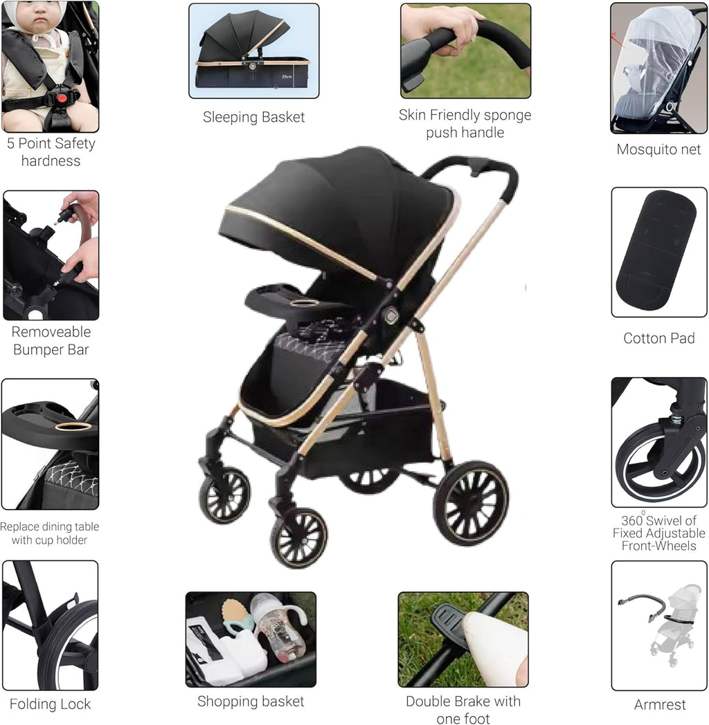 3-in-1 Pram And Pushchair Stroller With Sleeping Basket
