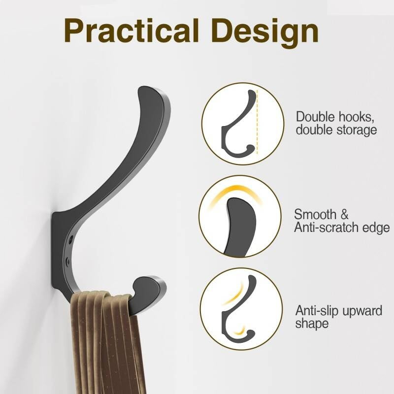 Set Of 6 Heavy Duty Coat Hooks, Extra Large Black Coat Hooks & Coat Hook For Wall, Durable Coat Hooks For Wall, Versatile Coat Pegs & Premium Metal Hooks For Jackets, Bags, Towels, Keys, Robes, Home &