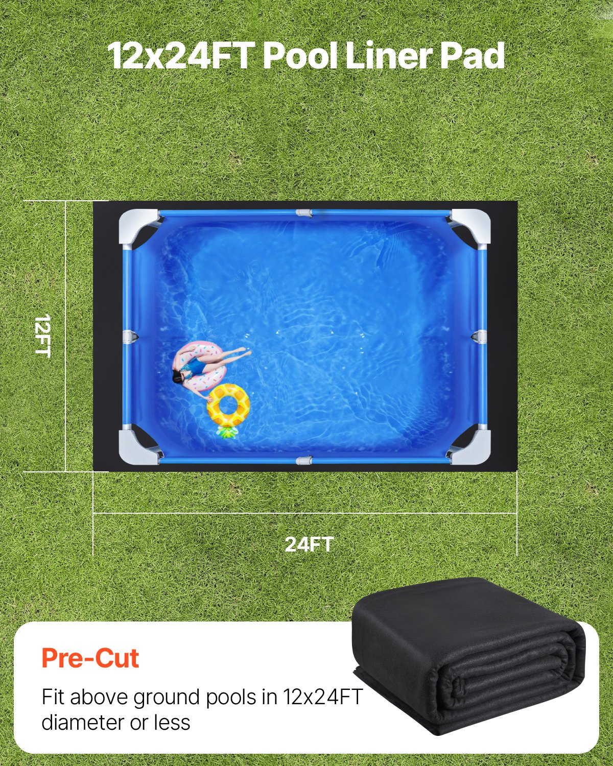 Rectangle Pool Liner Pad, 12 X24 Ft Pool Liner Pad For Above Ground Swimming Pools, Extra-Thick Pool Mat, Prevents Punctures, Recycled Geotextile Material Underlayment Pad, Extend Liner Life