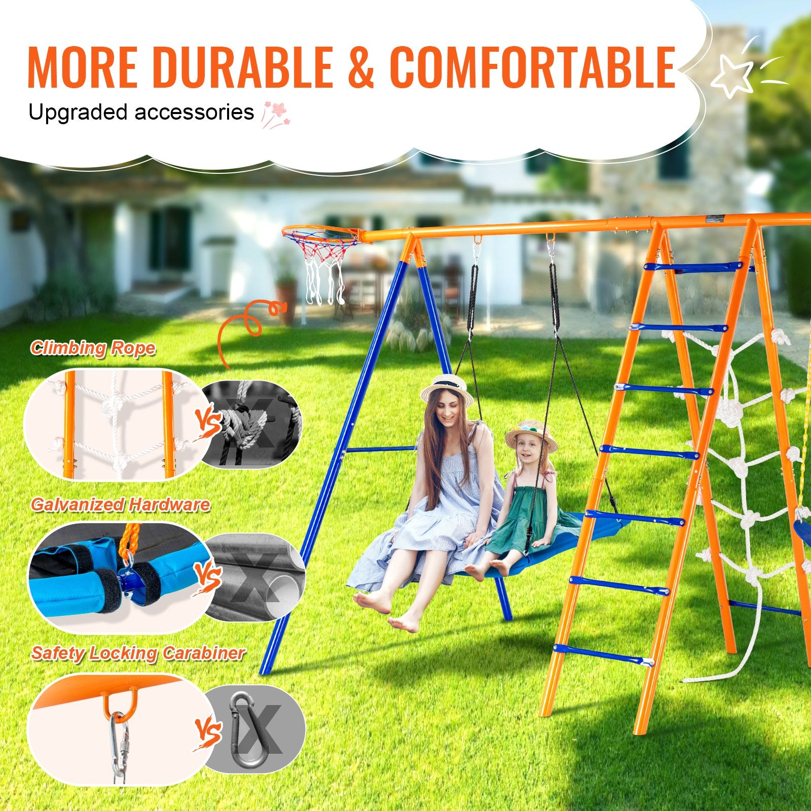 Swing Sets For Backyard, 6 In 1 Swing Set With 2 Swings, Trapeze Bar, Climbing Ladder, Climbing Net, And Basketball Hoop, 440lbs Load Capacity Heavy-Duty Metal Swingset Outdoor For Kids Ages 3+