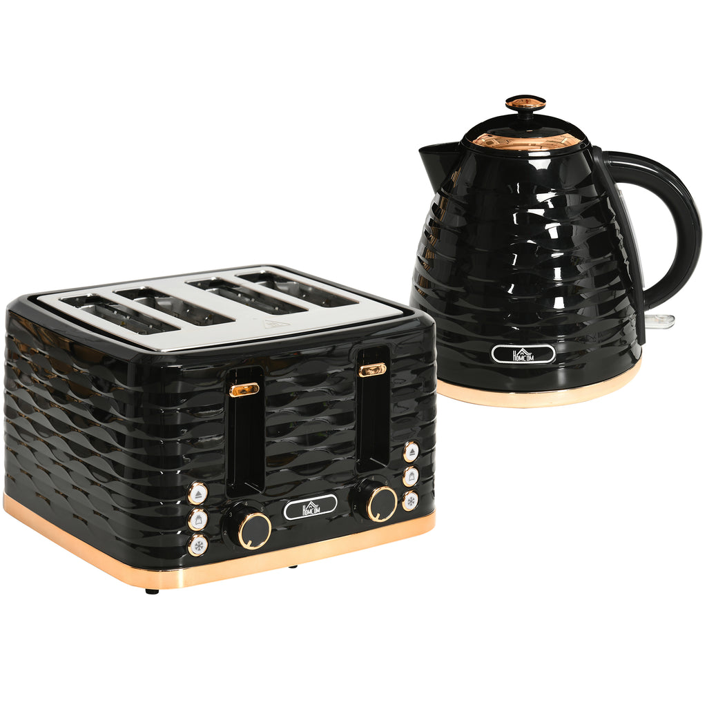 Kettle And Toaster Sets, 3000W 1.7L Rapid Boil Kettle & 4 Slice Toaster With 7 Browning Controls, Defrost, Reheat And Crumb Tray, UK Otter Thermostat, Black