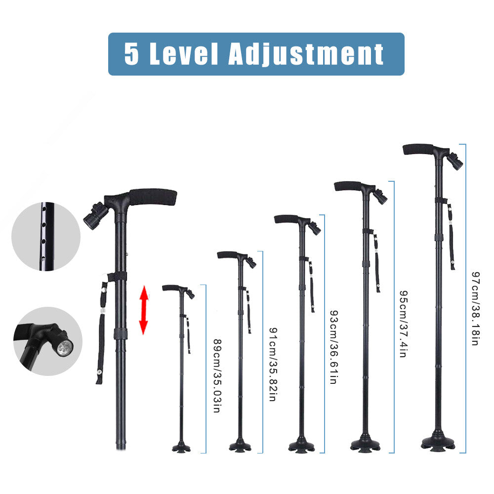 Folding LED Walking Stick Cane With Flashlight For Senior Aluminium Travel Hiking Cane Trekking Pole Crutch Handle Strap 5 Gears