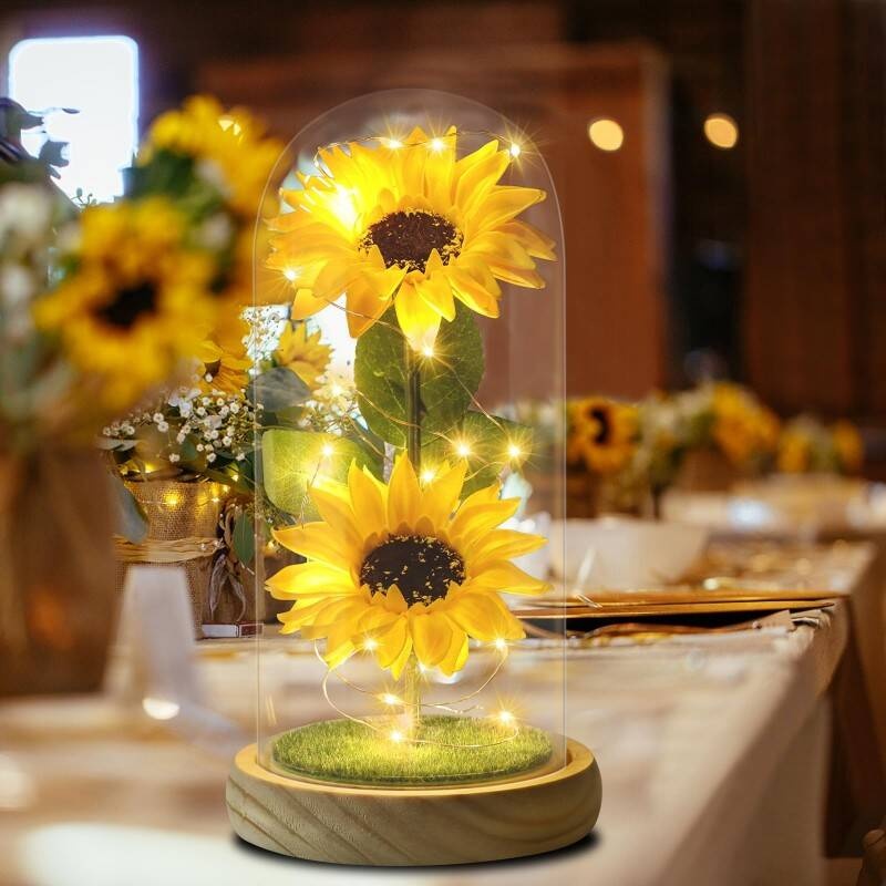 Mothers Day Gifts From Daughter Son, Eternal Sunflowers In Glass Dome With LED Lights & Gift Box, Unique Birthday Gifts For Women, Artificial Flowers Home Decor For Mum, Grandma, Wife - Sunflower Gift