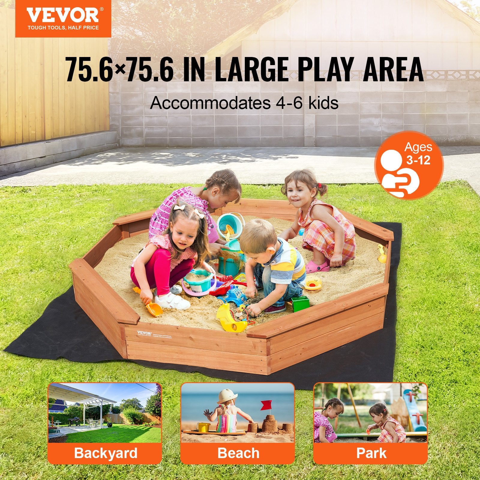 Wooden Sandbox With Cover, 75.6 X 75.6 X 9.1 In Octagonal Sand Box, Sand Pit With 4 Seating And Bottom Liner, Kids Sandbox For Outdoor Backyard, Beach, Park, Gift For Boys Girls Ages 3-12