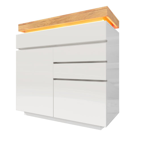 Chest Of Drawers, High-gloss Sideboard Cabinet With 2 Doors And 3 Drawers,Storage With RGB LED App-controlled, Multi-purpose Cabinet For Living Room And Bedroom, 115 X 110 X 39 Cm, White