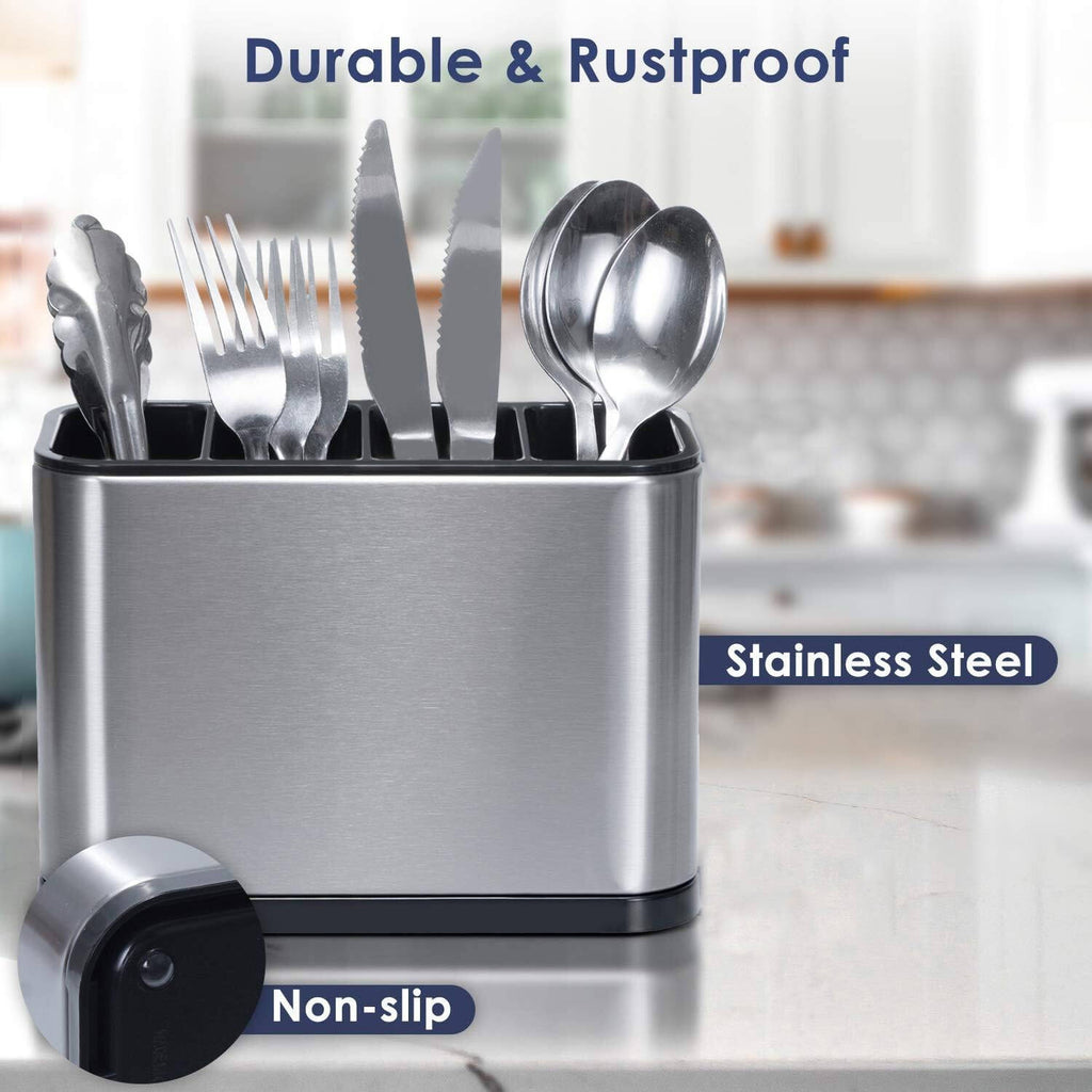 Cutlery Drainer For Sink With 4 Sections  Stainless Steel & ABS Hybrid Spoon Holder  Tilt-Drain & Anti-Slip Cutlery Organiser  Quick-Dry Ventilated Kitchen Utensil Holder For Countertop