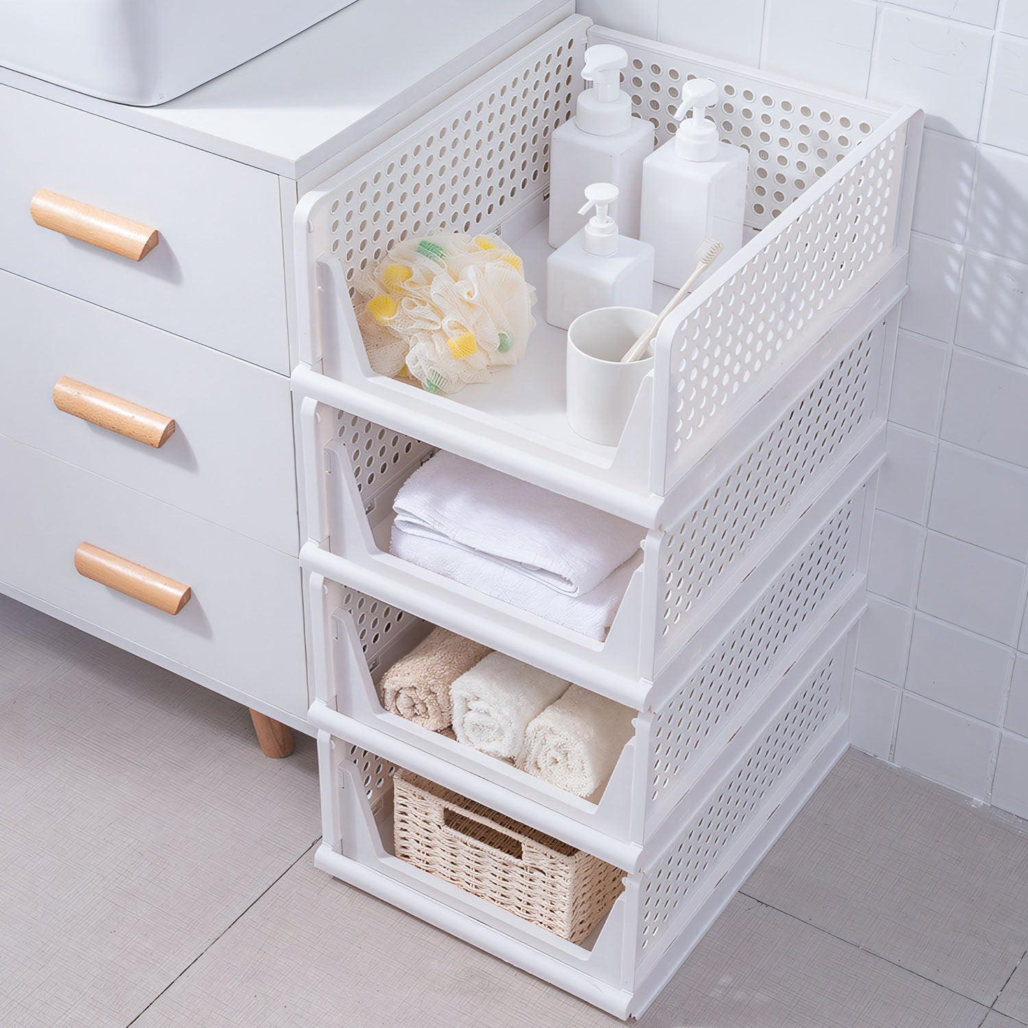 4 Packs Plastic Storage Box With Slide Rail Stackable For Living Room Bedroom Wardrobe