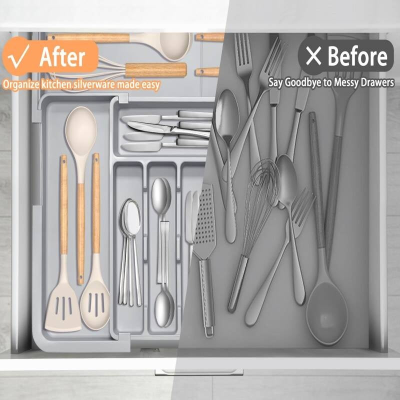 Adjustable 6-9 Compartment Kitchen Drawer Organiser For Large Capacity, Perfect Utensil Drawer Organiser, Cutlery Drawer Organiser, Cutlery Tray