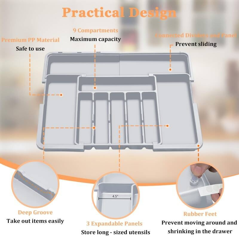 Adjustable 6-9 Compartment Kitchen Drawer Organiser For Large Capacity, Perfect Utensil Drawer Organiser, Cutlery Drawer Organiser, Cutlery Tray