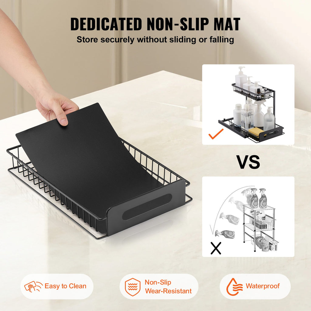 2 Tier Pull Out Cabinet Organizer(10.7"W X 14.2"D ), Under Sink Organizer And Storage, Slide Out Drawer Cabinet Organizer, Wire Basket Shelf, 25.5"Wx15.5"Dx13"H Install Size For Cabinet (2 Pack)