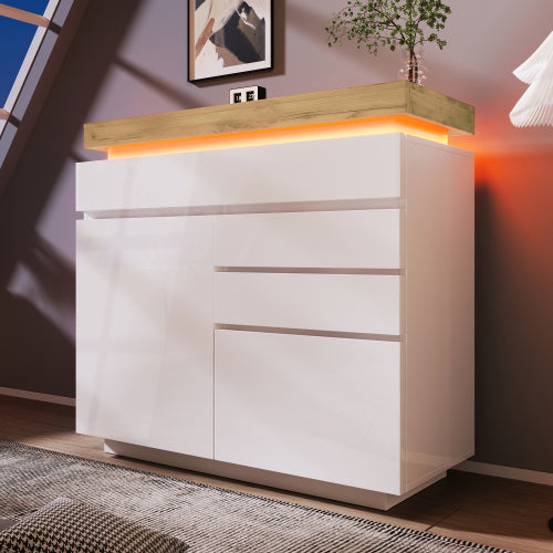 Chest Of Drawers, High-gloss Sideboard Cabinet With 2 Doors And 3 Drawers,Storage With RGB LED App-controlled, Multi-purpose Cabinet For Living Room And Bedroom, 115 X 110 X 39 Cm, White