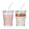 2pcs 380ml Ribbed Glass Mugs - Includes Glass Tube And Lid. Comes With A Lid And Straw, Suitable For Everyday Use, And Is The Ideal Mug For Home Or Cafes.