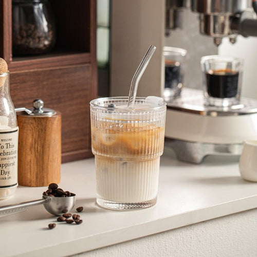 2pcs 380ml Ribbed Glass Mugs - Includes Glass Tube And Lid. Comes With A Lid And Straw, Suitable For Everyday Use, And Is The Ideal Mug For Home Or Cafes.