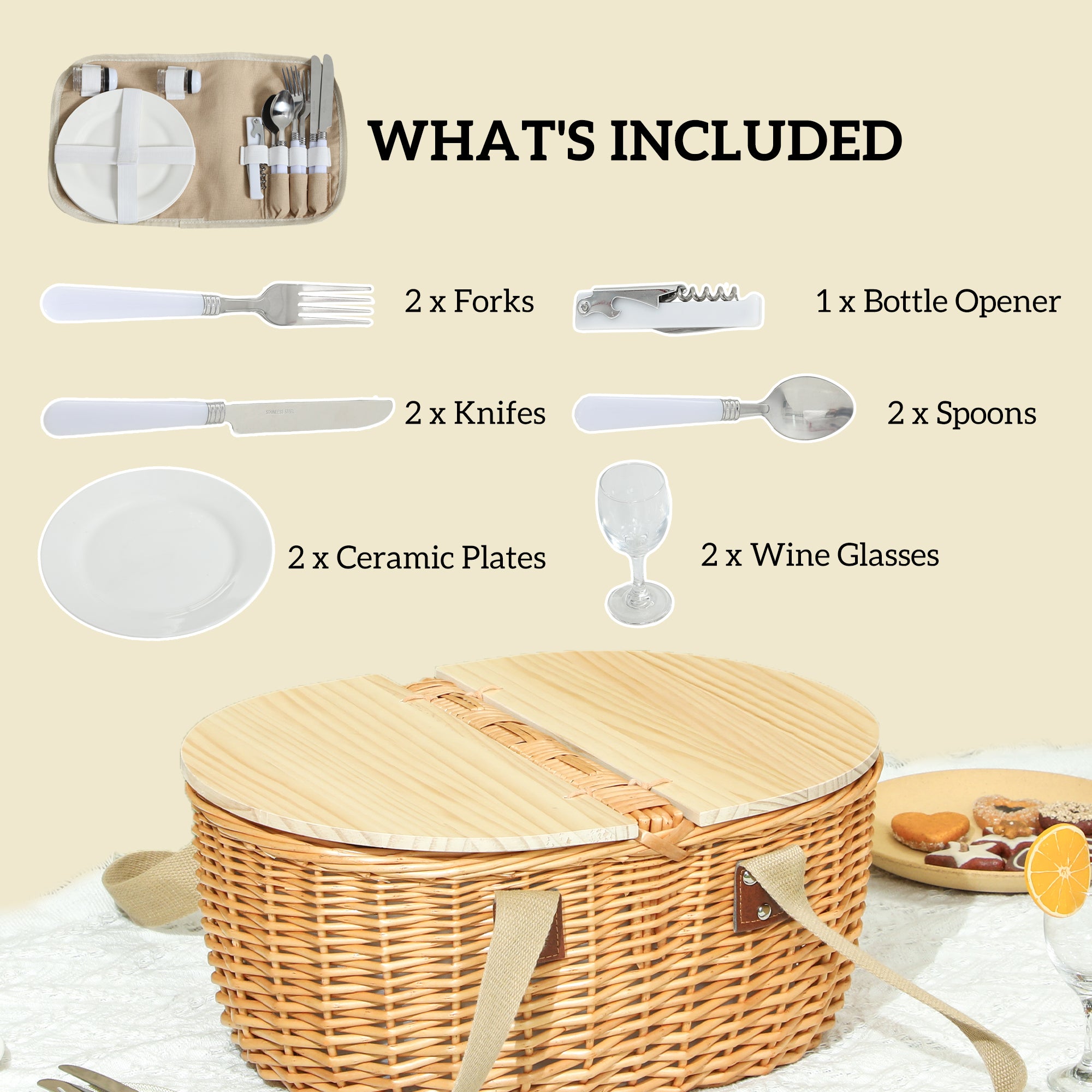 Wicker Picnic Basket For 2 With Pine Wood Lid, Picnic Hamper With Cooler Compartment, Cutlery Service Kits, Carry Handle For Camping, Outdoor, Valentine Day, Christmas, Birthday, Light Brown