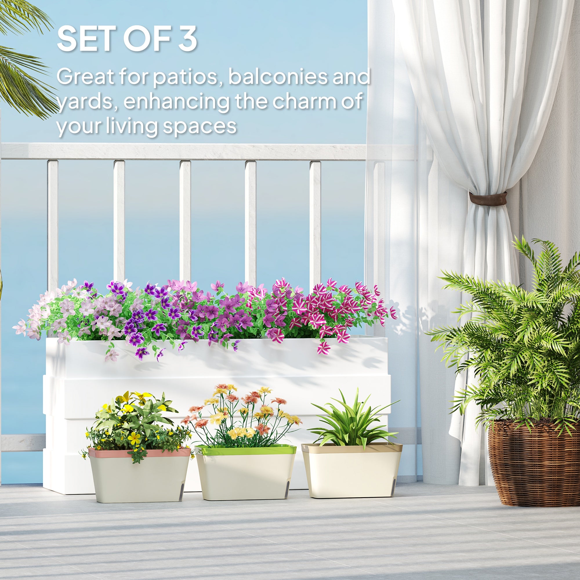 Set Of 3 Self Watering Plant Pots Outdoor, 27cm Rectangular Garden Planters With Visual Water Level Window, Plastic Flower Pots For Indoor Outdoor Garden Balcony Windowsil