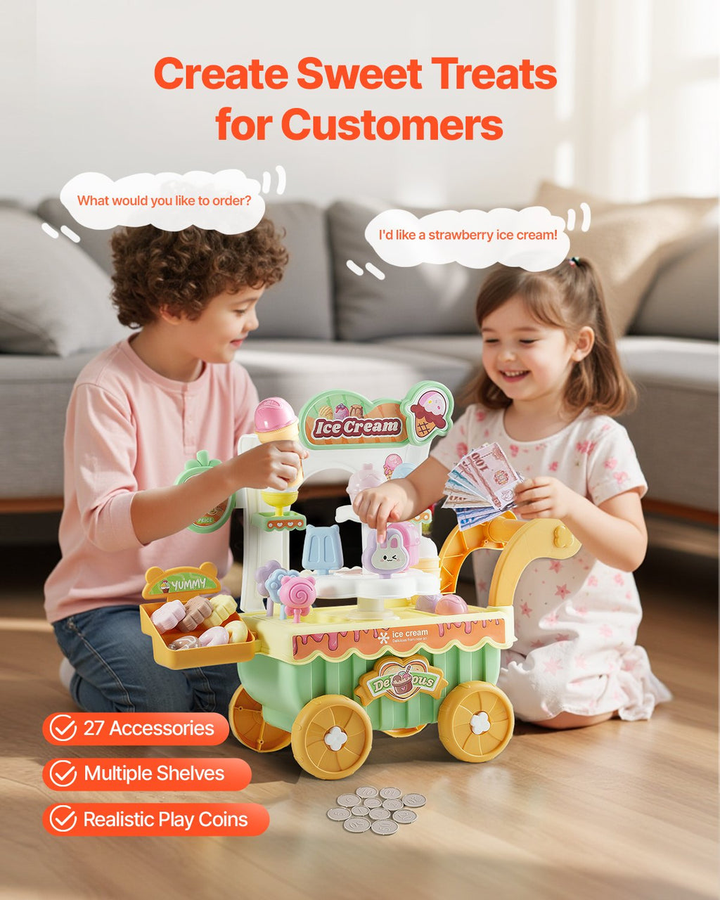 Ice Cream Cart For Kids, 27 PCS Accessories, Pretend Play Store With Storage Trolley With Pretend Money, Sound & Light Effects, Montessori Educational Ice Cream Truck Toys For Toddlers 3+