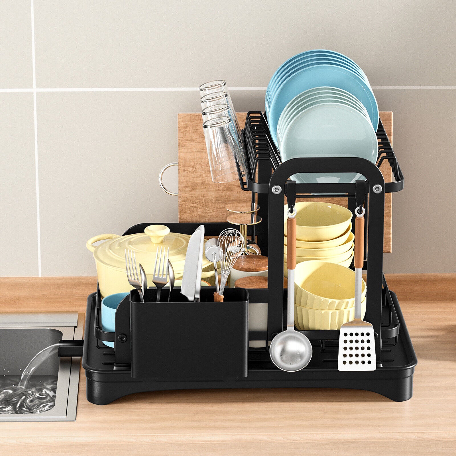 2 Tier Dish Rack Plate Cup Drying Drainer Storage Drip Tray Cutlery Holder UK