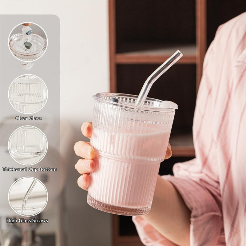2pcs 380ml Ribbed Glass Mugs - Includes Glass Tube And Lid. Comes With A Lid And Straw, Suitable For Everyday Use, And Is The Ideal Mug For Home Or Cafes.
