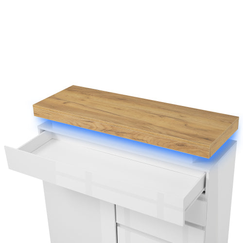 Chest Of Drawers, High-gloss Sideboard Cabinet With 2 Doors And 3 Drawers,Storage With RGB LED App-controlled, Multi-purpose Cabinet For Living Room And Bedroom, 115 X 110 X 39 Cm, White