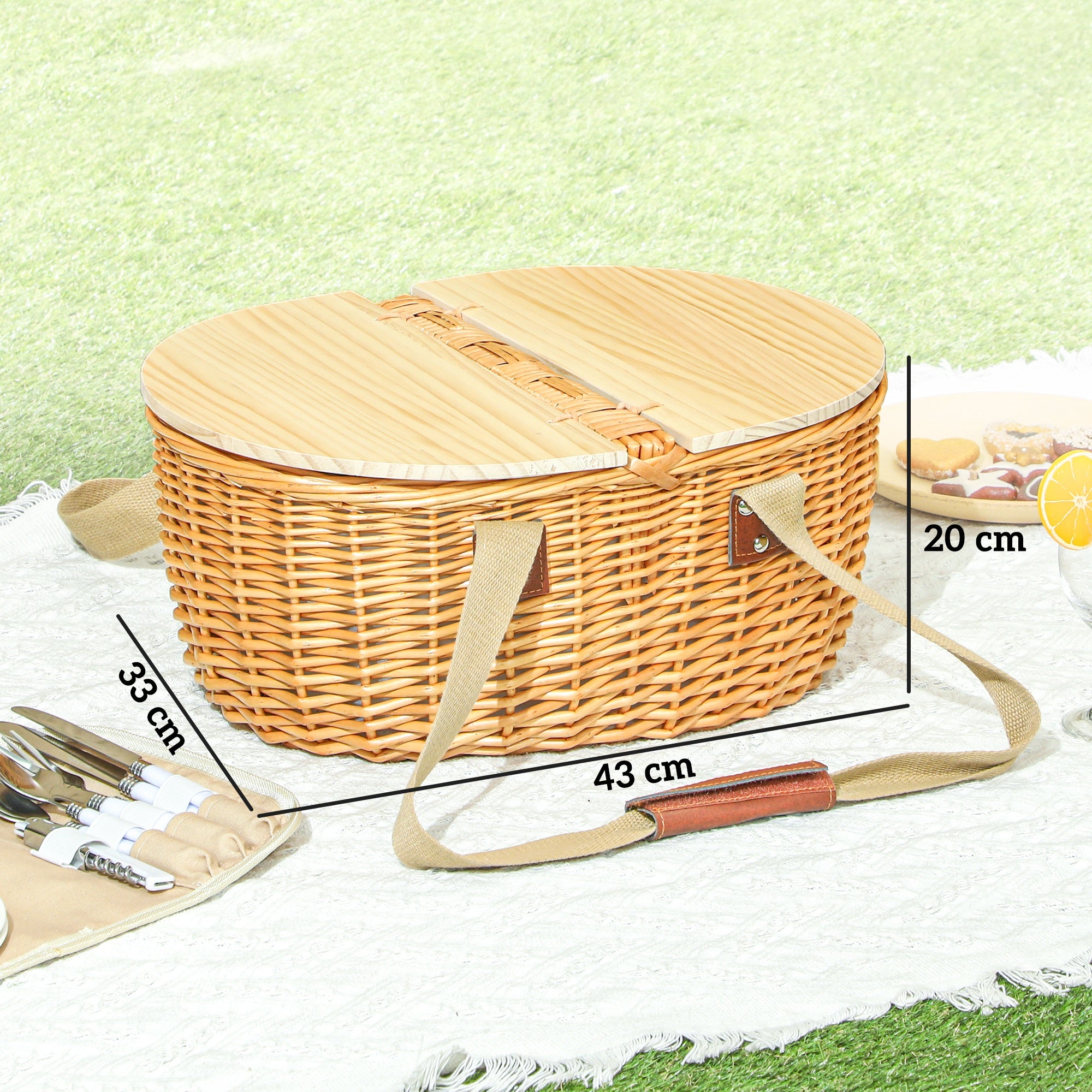 Wicker Picnic Basket For 2 With Pine Wood Lid, Picnic Hamper With Cooler Compartment, Cutlery Service Kits, Carry Handle For Camping, Outdoor, Valentine Day, Christmas, Birthday, Light Brown