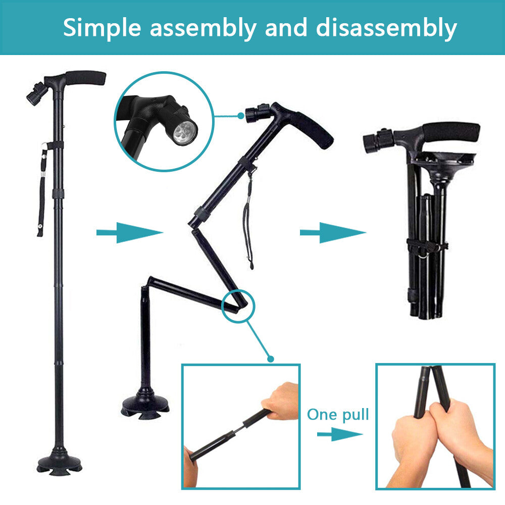 Folding LED Walking Stick Cane With Flashlight For Senior Aluminium Travel Hiking Cane Trekking Pole Crutch Handle Strap 5 Gears
