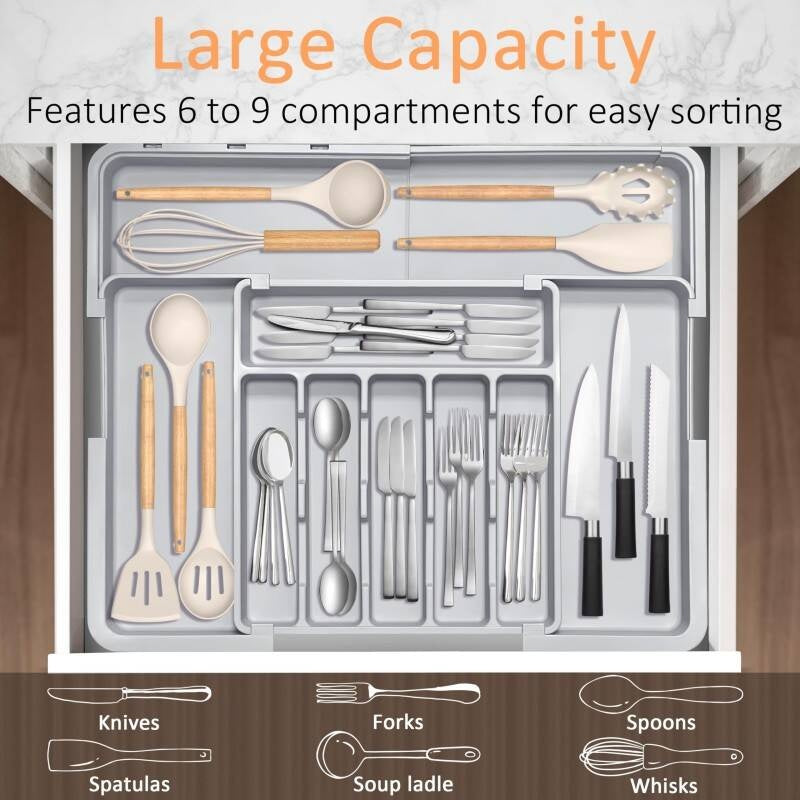 Adjustable 6-9 Compartment Kitchen Drawer Organiser For Large Capacity, Perfect Utensil Drawer Organiser, Cutlery Drawer Organiser, Cutlery Tray