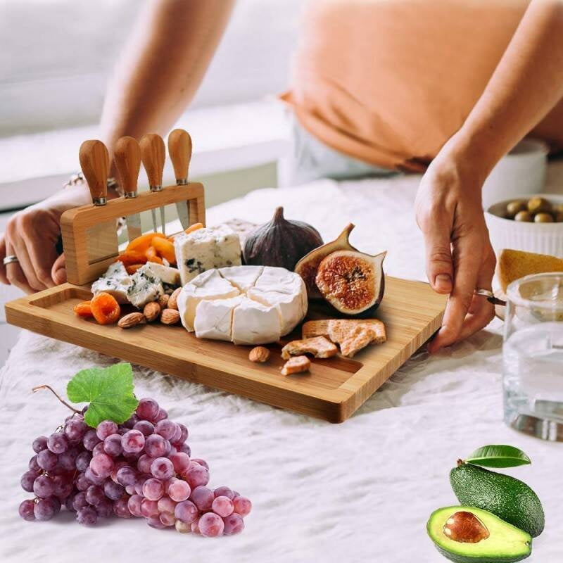 Cheese Board With Removable Tool Holder & Food-Serving Utensils Charcuterie Boards With Dedicated Zones For Dips & Snacks  Includes Cheese-Specific Utensils & Heart-Shaped Food Cutter